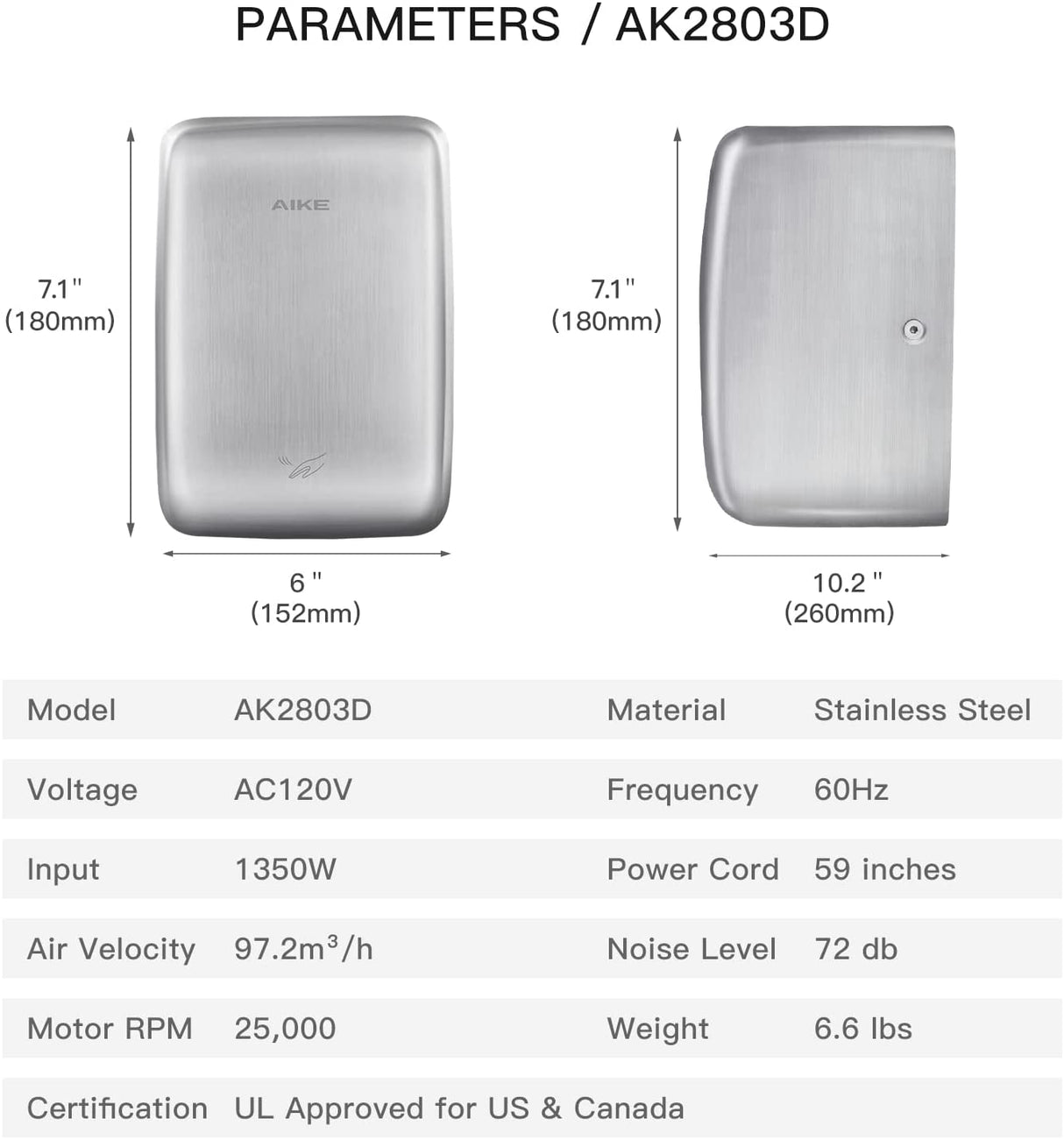 AIKE Stainless Steel Electric Jet Hand Dryer, UL Approved 120V, AK2803D - AIKE Direct Store