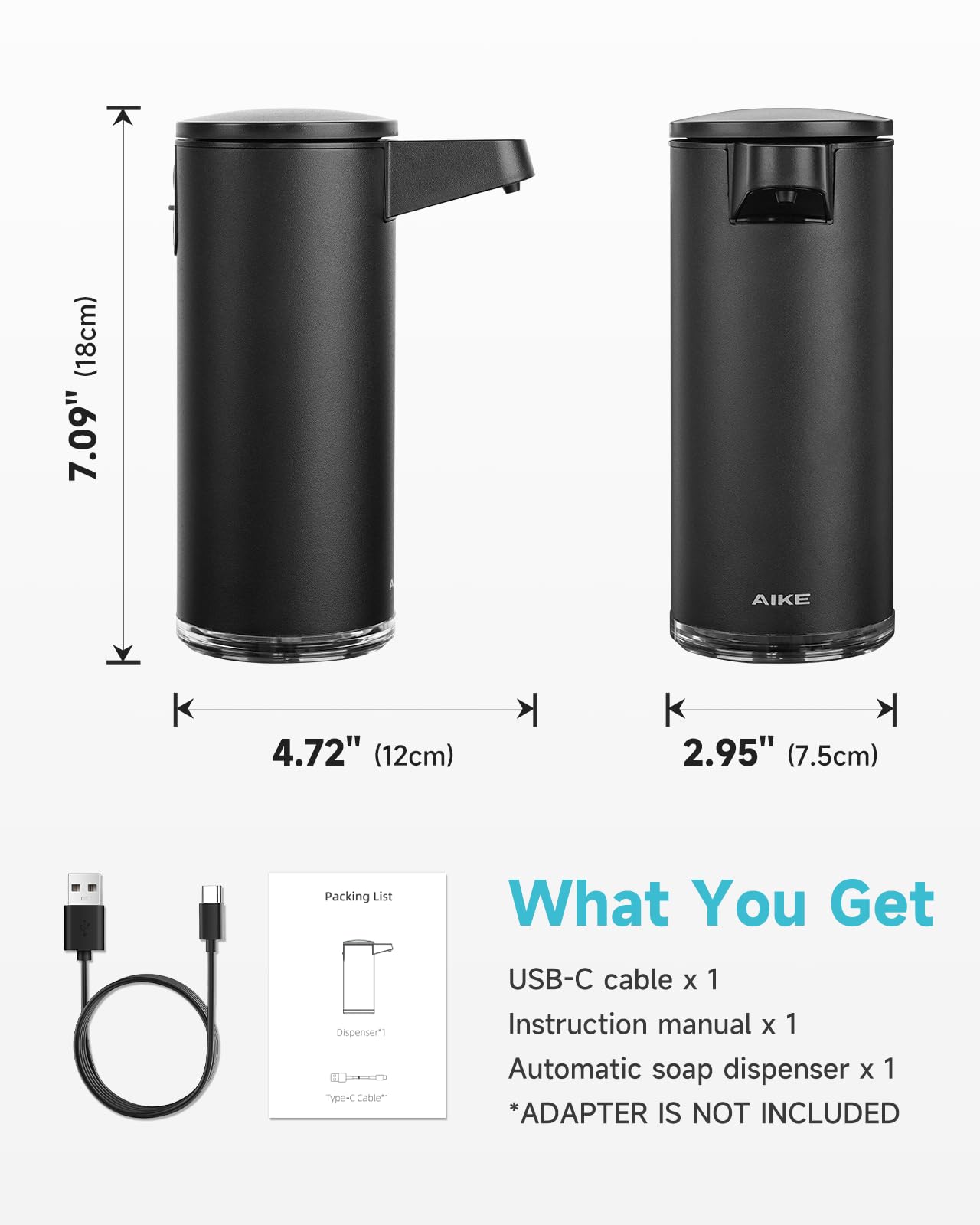 AIKE SensePro Automatic Soap Dispenser Type-C Rechargable, Stainless Matte Black Coating 12.8 fl.oz. for Liquid Soap - AIKE Direct Store