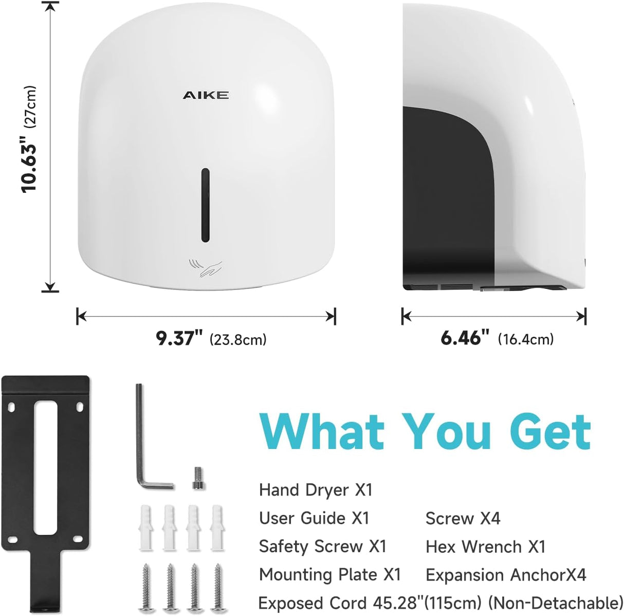 AIKE Low Noise Warm Hand Dryer for Home Bathroom , Easy Installation, 1500W-1900W,AC110V-130V, Model AK2637 - AIKE Direct Store