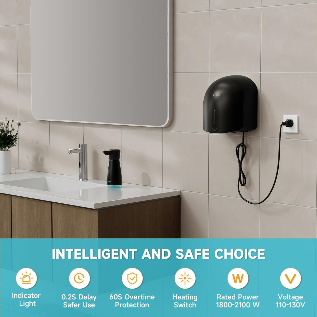 AIKE Low Noise Warm Hand Dryer for Home Bathroom , Easy Installation, 1500W-1900W,AC110V-130V, Model AK2637 - AIKE Direct Store