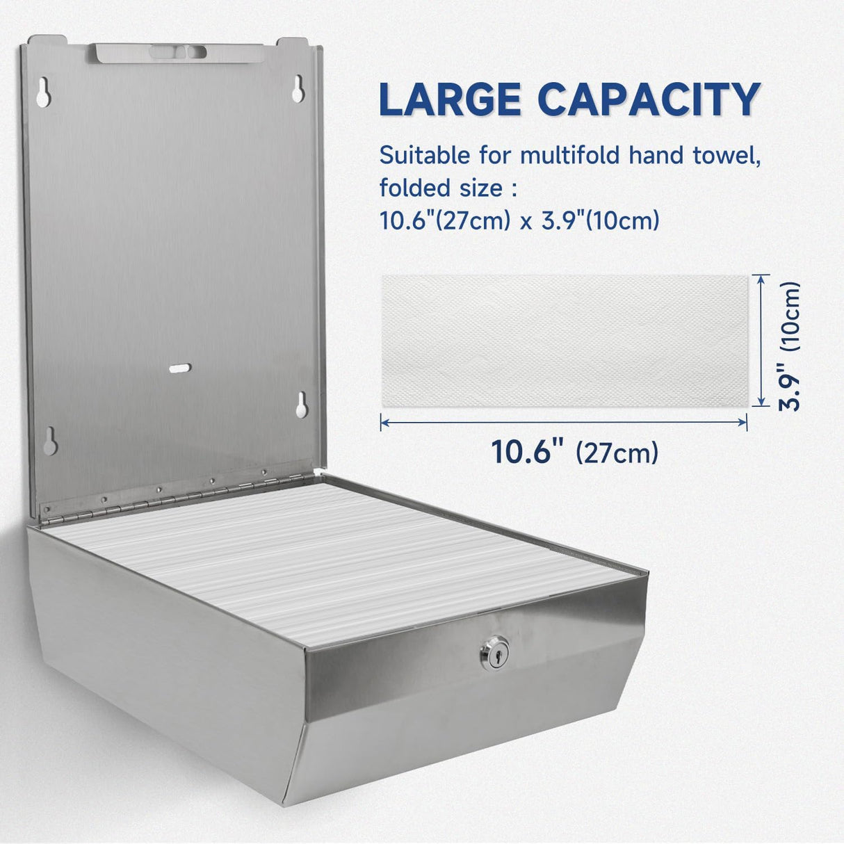 AIKE 400 Sheets Multifold Paper Towel Dispenser with Lock,Large Capacity Commercial Stainless Steels Wall Mount Tissue Dispenser AK5181 (Folded Size 10.6" x 3.9" Or Smaller) - AIKE Direct Store