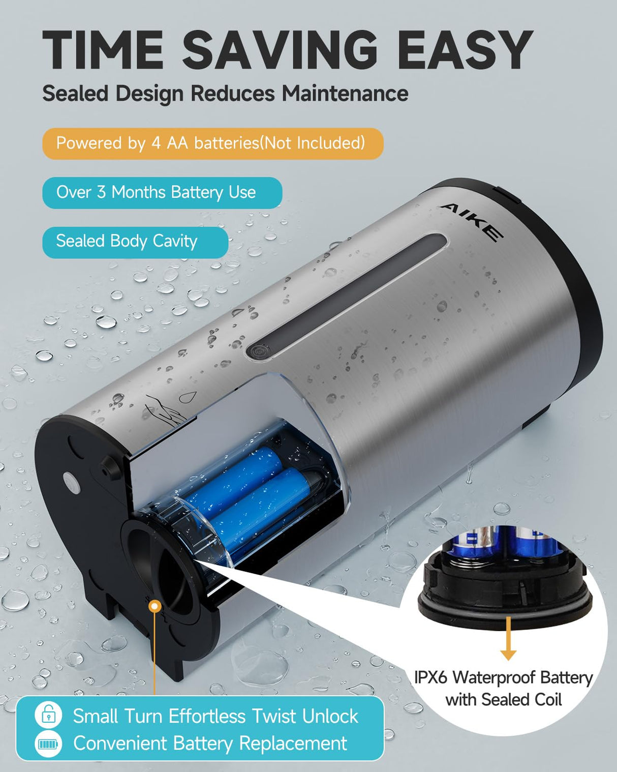 AIKE Automatic 5-Gear Adjustable Liquid Soap Dispenser 25 Fl Oz, AK1205E