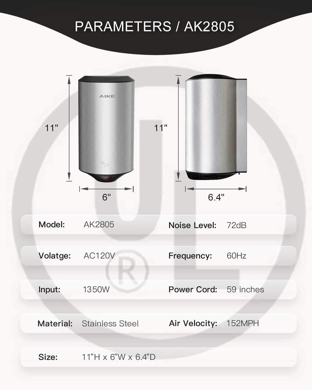 AIKE Air Focus UL Approved 120V Electric Hand Dryer, AK2805 - AIKE Direct Store