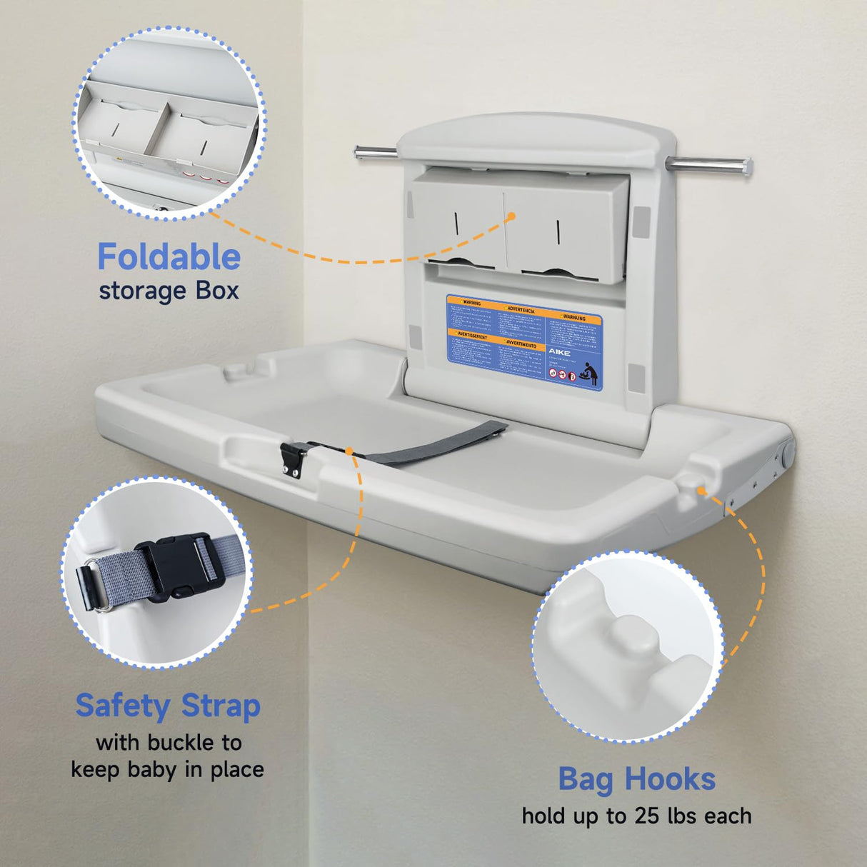AIKE Commercial Baby Changing Station, Wall Mounted Foldable Baby Diaper Changing Table ADA Compliant, Model AK5901 - AIKE Direct Store