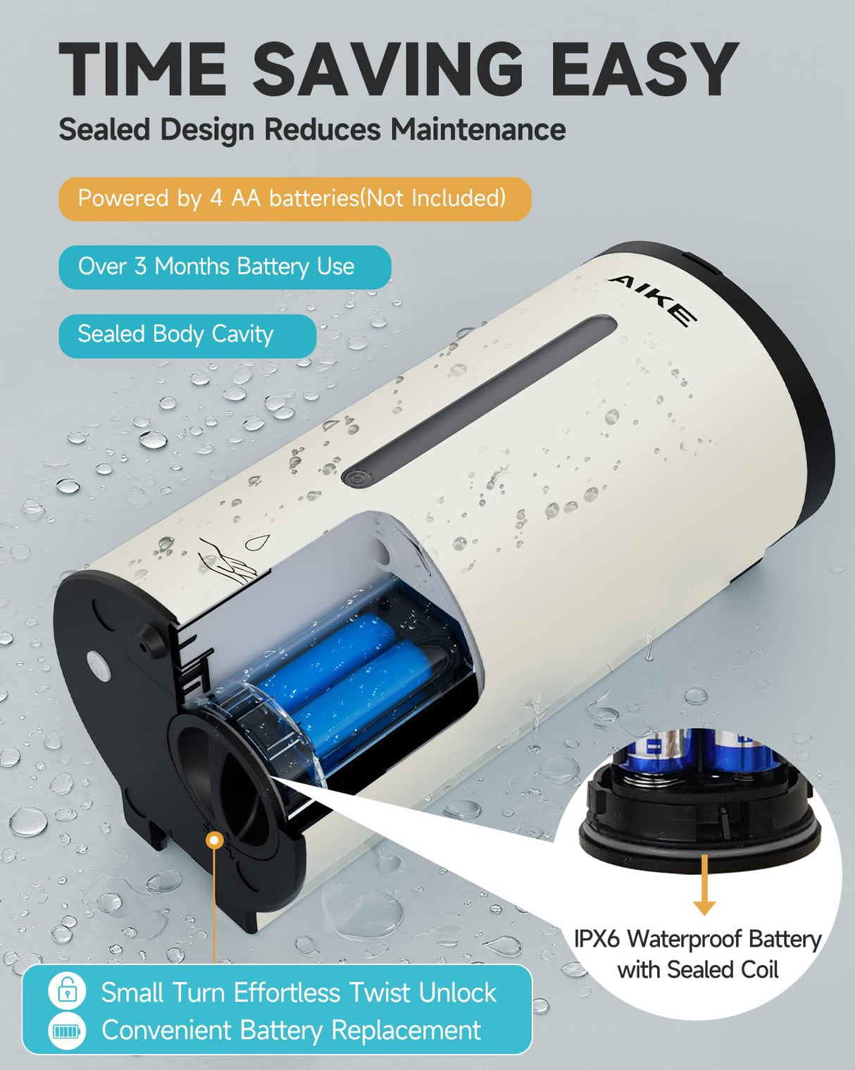 AIKE Automatic 5-Gear Adjustable Liquid Soap Dispenser 25 Fl Oz, AK1205E