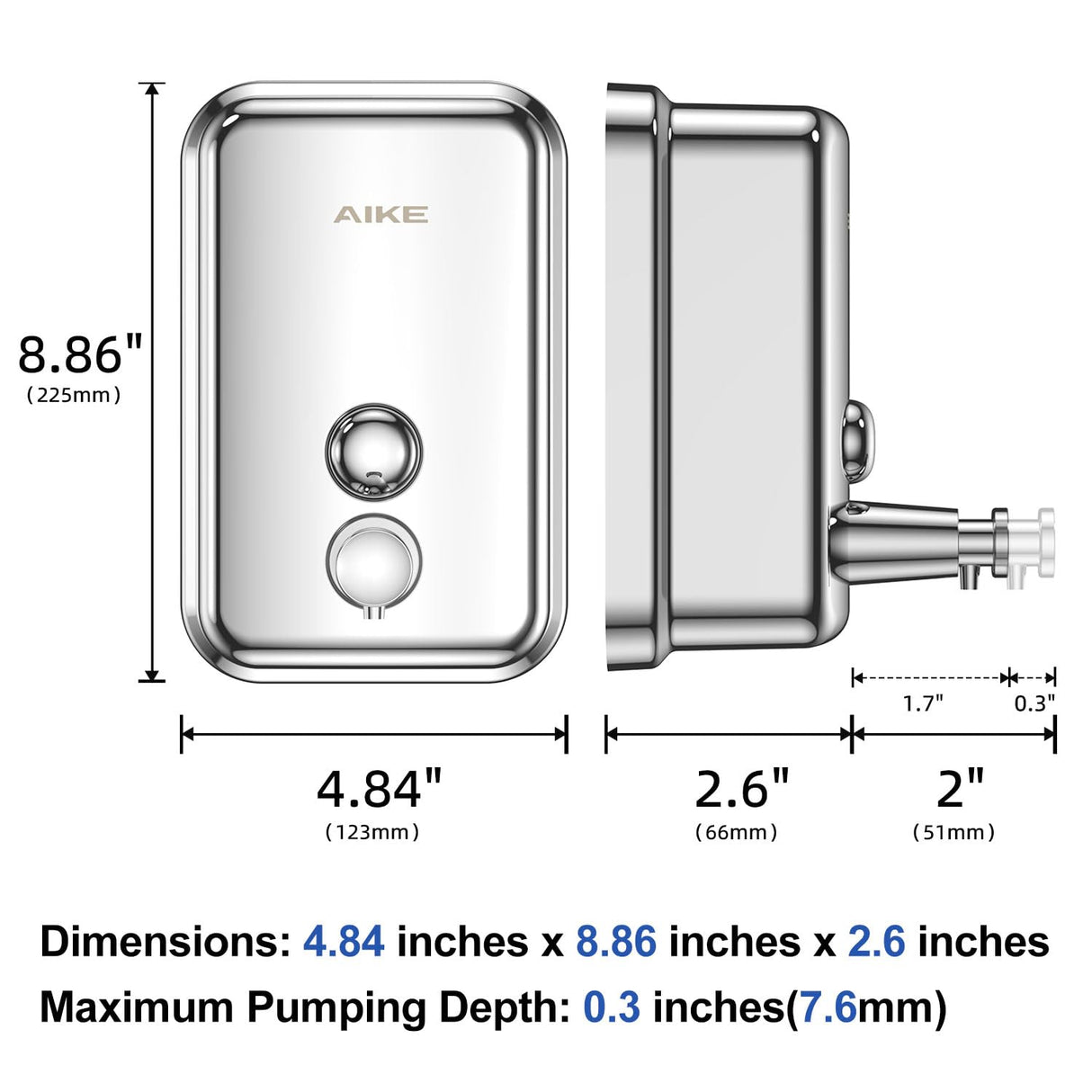 AIKE Stainless Steel Shelled Manual Soap Dispenser For Bathroom, 34fl.oz/1000ml,Model AK1001
