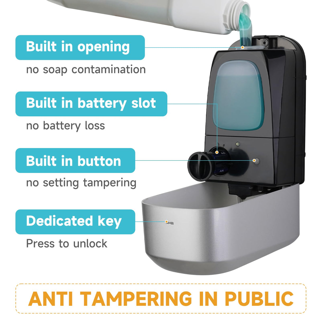 AIKE 33.8oz/1000ml Automatic Wall Mount Liquid Soap Dispenser with Commercial ABS Construction for Public Areas Model AK1226S