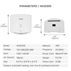 AIKE Air Wiper Asciugamani elettrico compatto per bagno commerciale, AK2630s