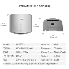 AIKE Air Wiper Kompakter elektrischer Händetrockner für gewerbliche Badezimmer, AK2630s