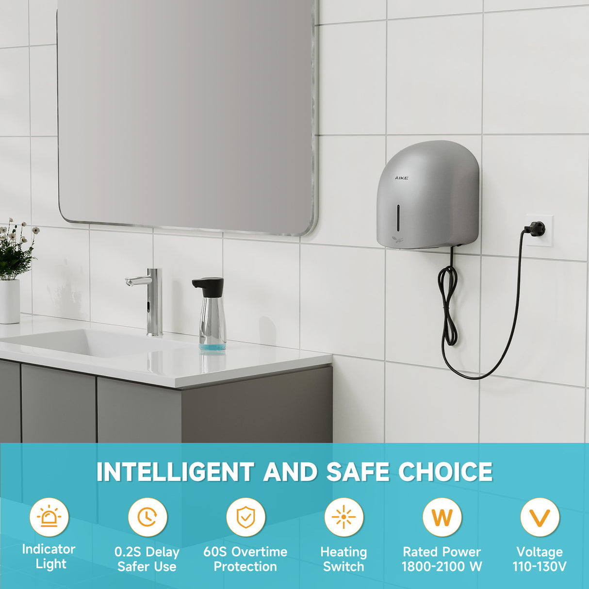 AIKE Low Noise Warm Hand Dryer for Home Bathroom , Easy Installation, 1500W-1900W,AC110V-130V, Model AK2637