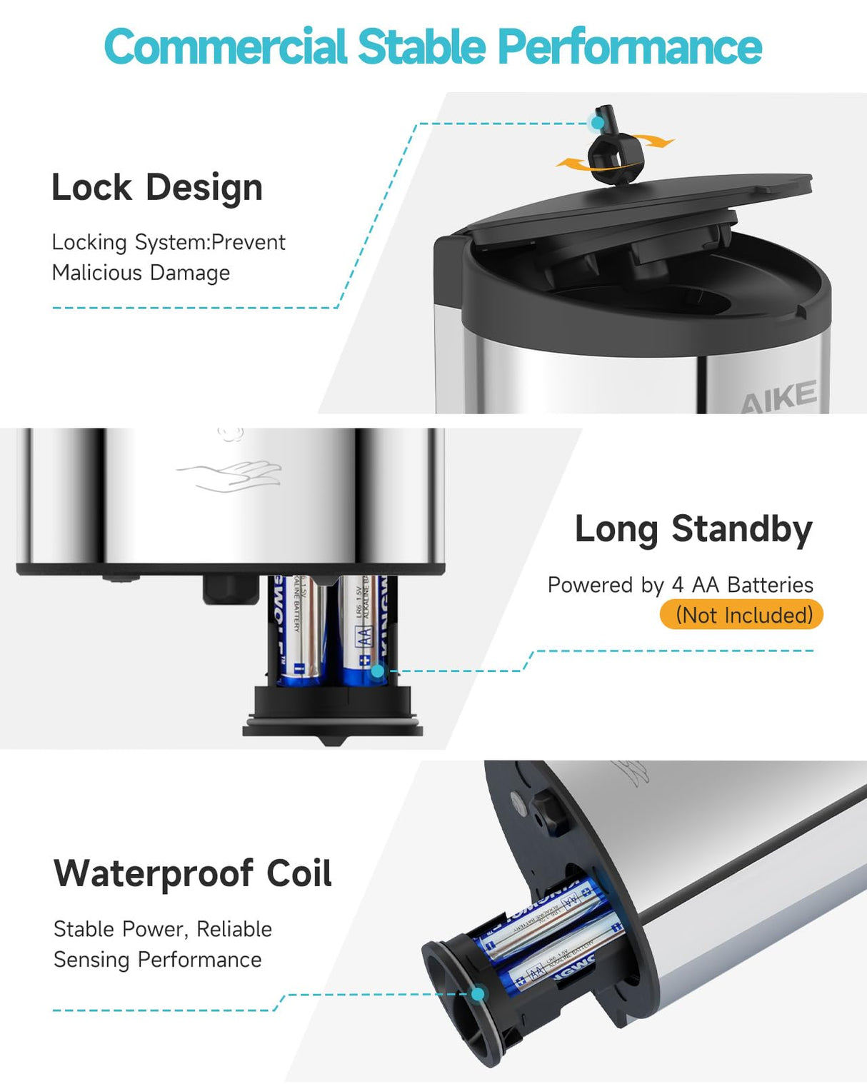 AIKE Automatic Foam Stainless Steel Soap Dispenser 5-Gear Adjustable 25 Fl Oz,Model AK1205FA - AIKE Direct Store