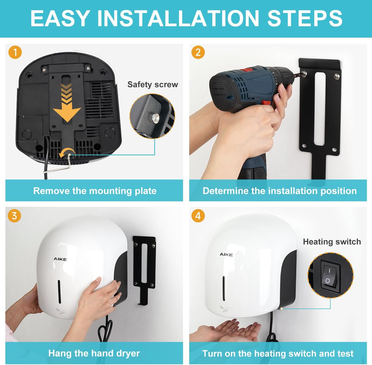 AIKE Low Noise Warm Hand Dryer for Home Bathroom , Easy Installation, 1500W-1900W,AC110V-130V, Model AK2637 - AIKE Direct Store