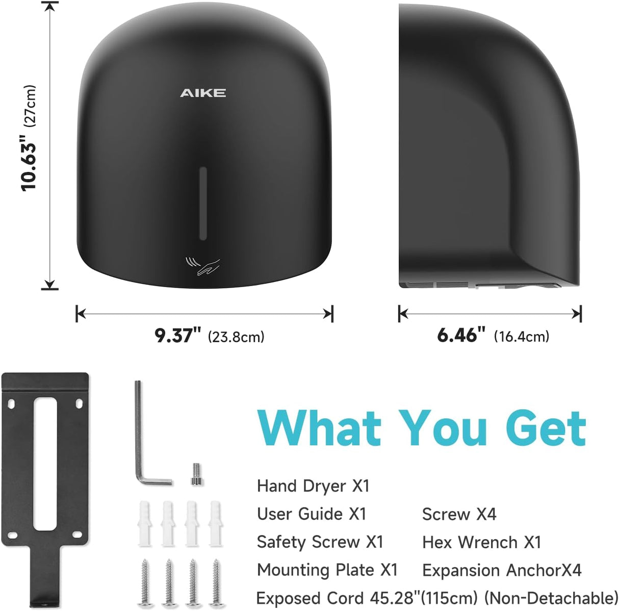 AIKE Low Noise Warm Hand Dryer for Home Bathroom , Easy Installation, 1500W-1900W,AC110V-130V, Model AK2637 - AIKE Direct Store