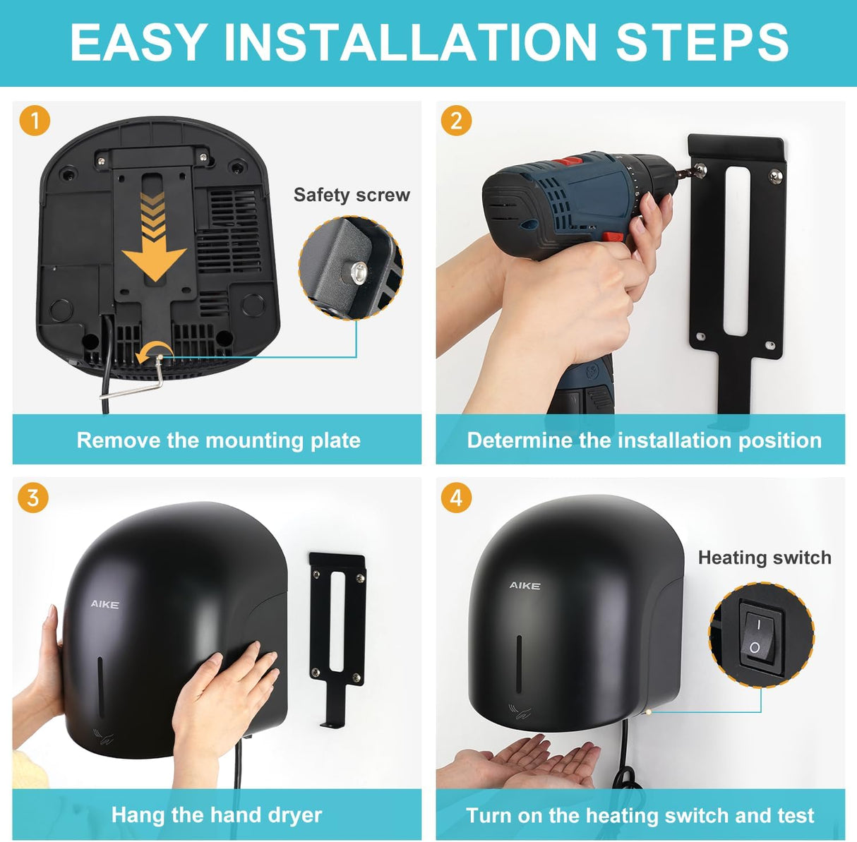 AIKE Low Noise Warm Hand Dryer for Home Bathroom , Easy Installation, 1500W-1900W,AC110V-130V, Model AK2637 - AIKE Direct Store