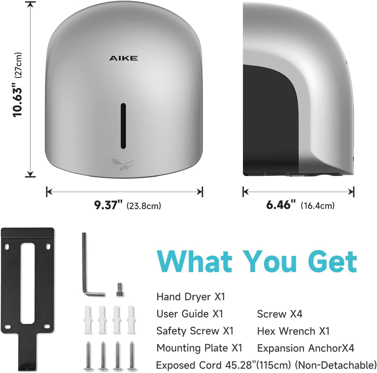 AIKE Low Noise Warm Hand Dryer for Home Bathroom , Easy Installation, 1500W-1900W,AC110V-130V, Model AK2637 - AIKE Direct Store