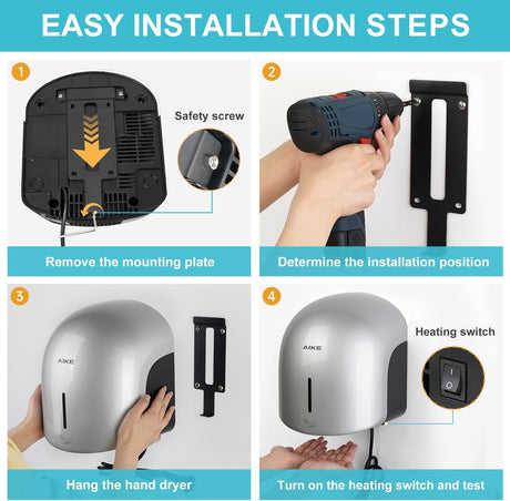 AIKE Low Noise Warm Hand Dryer for Home Bathroom , Easy Installation, 1500W-1900W,AC110V-130V, Model AK2637 - AIKE Direct Store