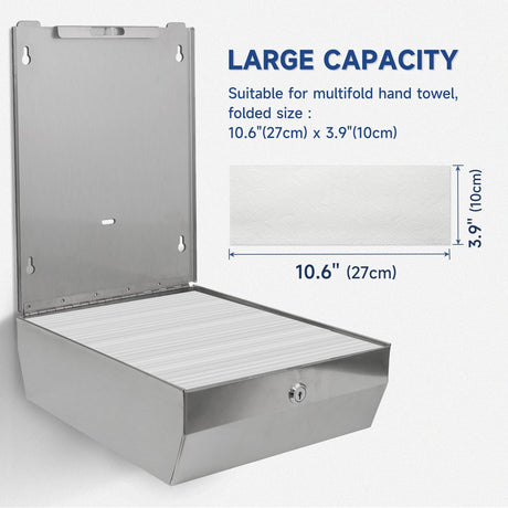 AIKE 400 Sheets Multifold Paper Towel Dispenser with Lock,Large Capacity Commercial Stainless Steels Wall Mount Tissue Dispenser AK5181 (Folded Size 10.6" x 3.9" Or Smaller) - AIKE Direct Store