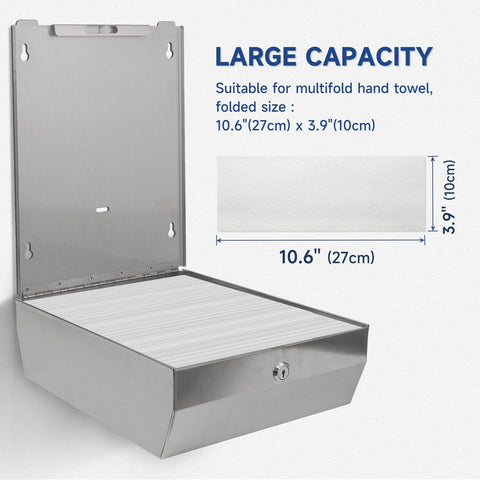 AIKE 400 Sheets Multifold Paper Towel Dispenser with Lock,Large Capacity Commercial Stainless Steels Wall Mount Tissue Dispenser AK5181 (Folded Size 10.6" x 3.9" Or Smaller) - AIKE Direct Store