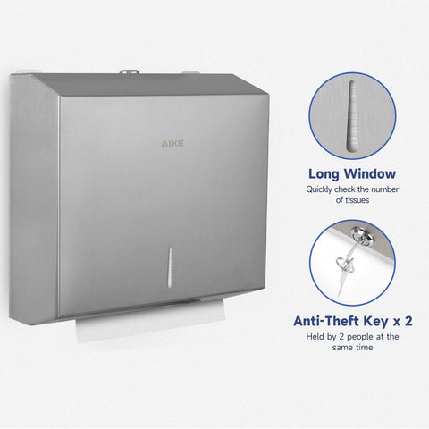 AIKE 250 Sheets Stainless Steel Commercial Wall Mount Paper Towel Dispenser with Lock,Model AK5180 - AIKE Direct Store