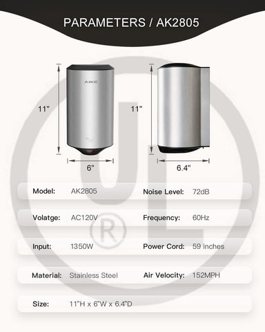 AIKE Air Focus UL Approved 120V Electric Hand Dryer, AK2805 - AIKE Direct Store