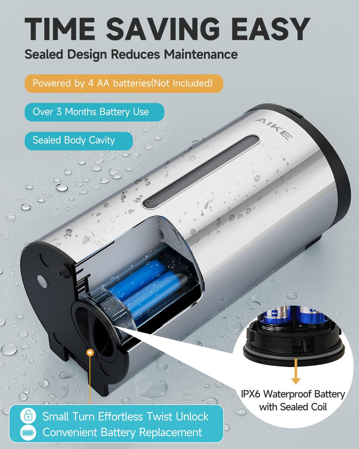 AIKE Automatic 5-Gear Adjustable Liquid Soap Dispenser 25 Fl Oz, AK1205E