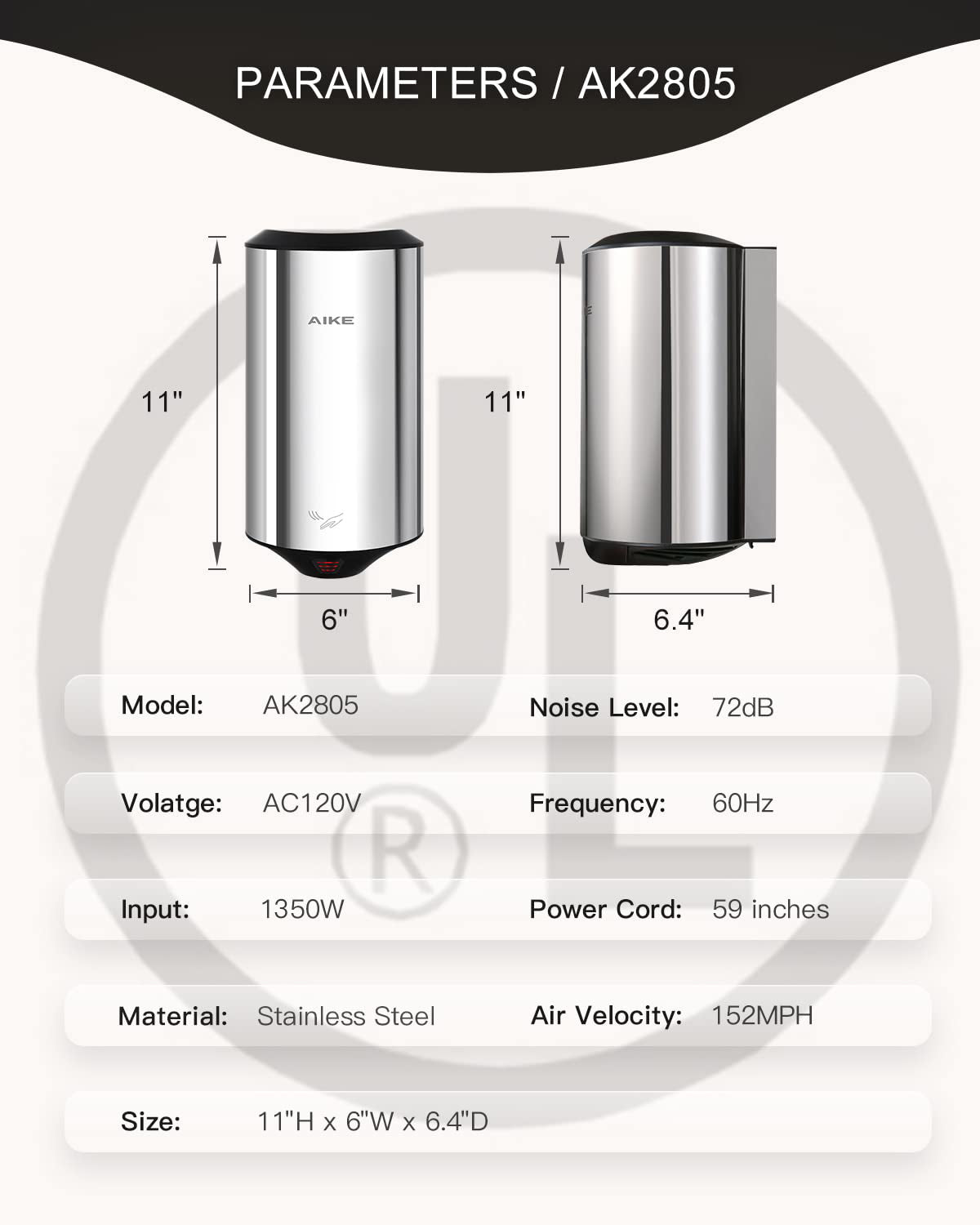 AIKE Air Focus UL Approved 120V Electric Hand Dryer, AK2805 - AIKE Direct Store