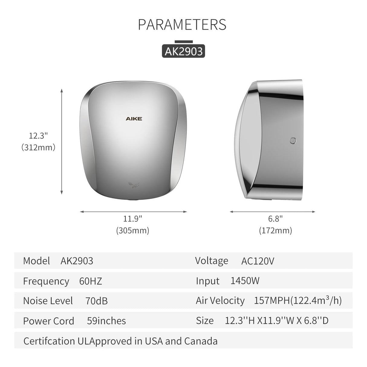 AIKE UL Certified Commercial Hand Dryer with HEPA Filter,Heavy Duty Electric High Speed Hand Dryer, Model AK2903