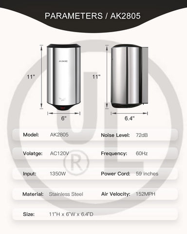 AIKE Air Focus UL Approved 120V Electric Hand Dryer, AK2805 - AIKE Direct Store