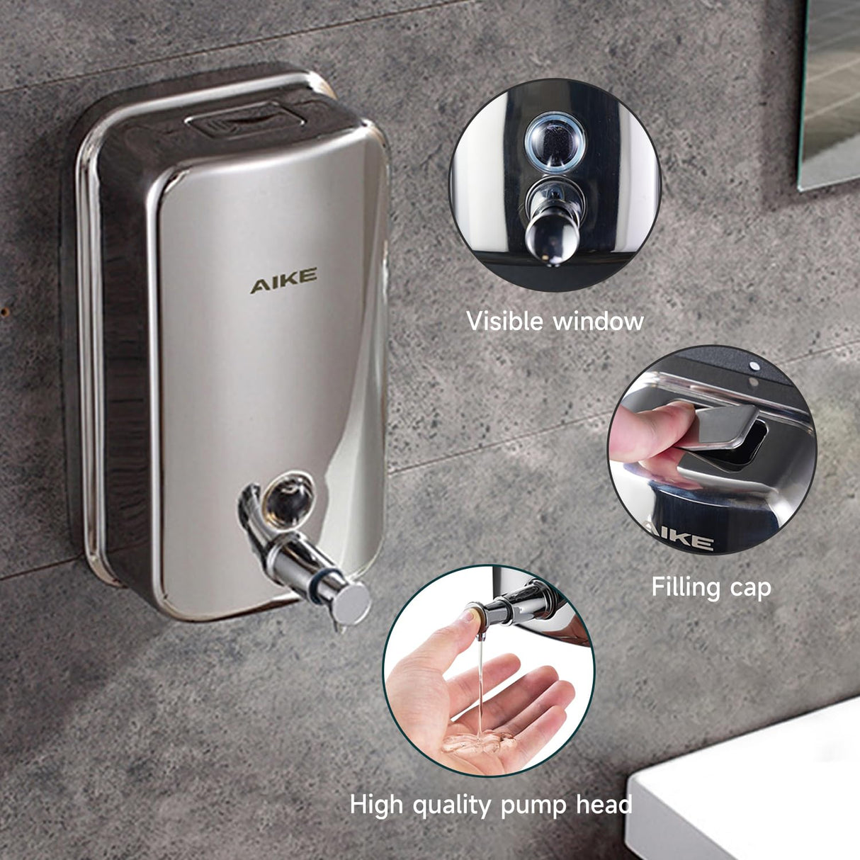 AIKE Stainless Steel Shelled Manual Soap Dispenser For Bathroom, 34fl.oz/1000ml,Model AK1001