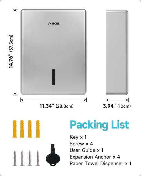 AIKE Commercial Wall Mount Paper Towel Dispenser with Lock, 400 Sheet Capacity, Fits Folded Size 10" x 3.5" Towels, Model AK5302 - AIKE Direct Store