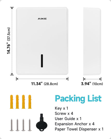 AIKE Commercial Wall Mount Paper Towel Dispenser with Lock, 400 Sheet Capacity, Fits Folded Size 10" x 3.5" Towels, Model AK5302 - AIKE Direct Store