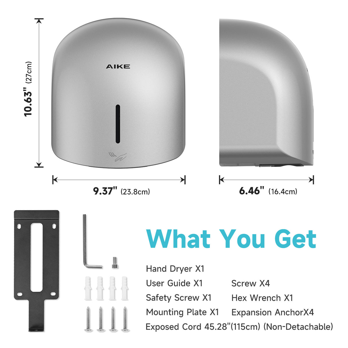 AIKE Low Noise Warm Hand Dryer for Home Bathroom , Easy Installation, 1500W-1900W,AC110V-130V, Model AK2637