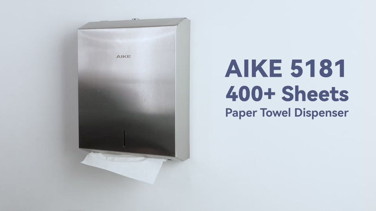 AIKE 400 Sheets Multifold Paper Towel Dispenser with Lock,Large Capacity Commercial Stainless Steels Wall Mount Tissue Dispenser AK5181 (Folded Size 10.6" x 3.9" Or Smaller)